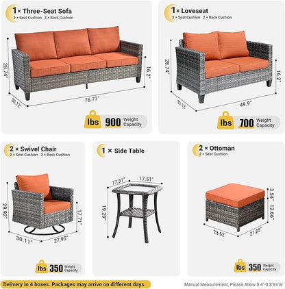 ovios Patio Furniture Set, 7 Pieces Outdoor Wicker Sofa Couch with Swivel Rocking Chairs Loveseat Comfy Cushions Rattan Conversation Set for Backyard Deck, Orange Red