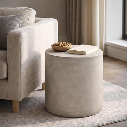 Outdoor Side Table Round Concrete End Table Faux Stone Side Tables Travertine Small Coffee Tables for Indoor Outdoor, Garden Stool Plant Stand for Porch, Backyard Patio, 15.75" Cylindrical