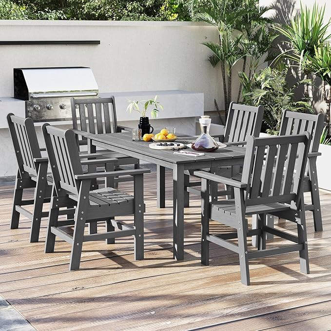 Tangkula HDPE Outdoor Dining Table for 6 Person, 67” Patio Table with Wood-Like Tabletop and Umbrella Hole, Weather-Resistant Rectangle Table for Garden, Backyard and Poolside (Gray, 1 Table)