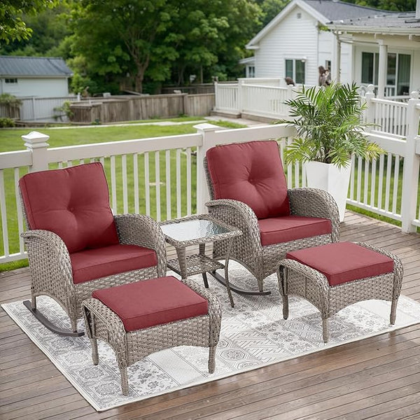 Belord 5 Piece Patio Rocking Chairs Furniture Set - Outdoor Wicker Furniture with Ottomans and Side Table - Photo 1
