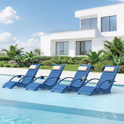 Pool Lounge Chairs Set of 4, Shallow Water 8-10 Inches Deep, HDPS Fade Resistant Pool Tanning Chair with Armrest, Cup Holder, Headrest, 330lbs Capacity, Outdoor Beach Sun Lounger, Dark Blue