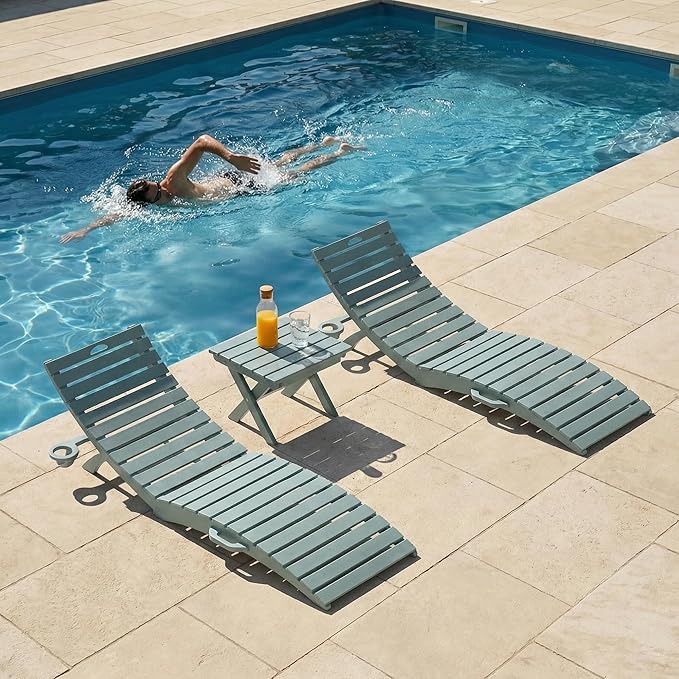 Pre-Assembled Folding in-Pool Lounge Chair, HDPE Outdoor Chaise Lounge with Cup Holder, Pool Lounge Chair for Poolside, Patio, Beach, Deck (Light Blue)