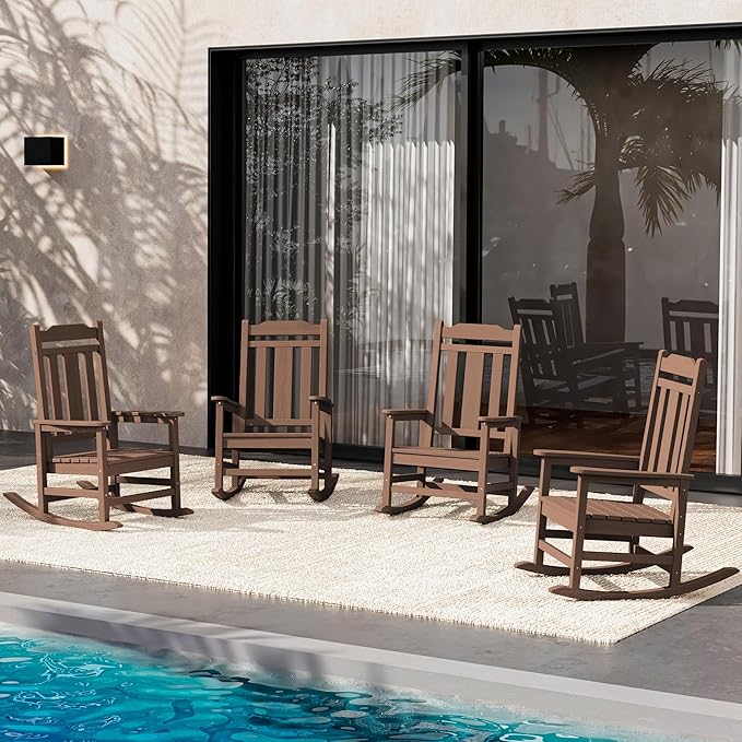 SERWALL Oversized Rocking Chair Set of 4 Outdoor, HDPE Outdoor Rocking Chair Set of 4, Patio Rocking Chair Sets for Adults, Coffee