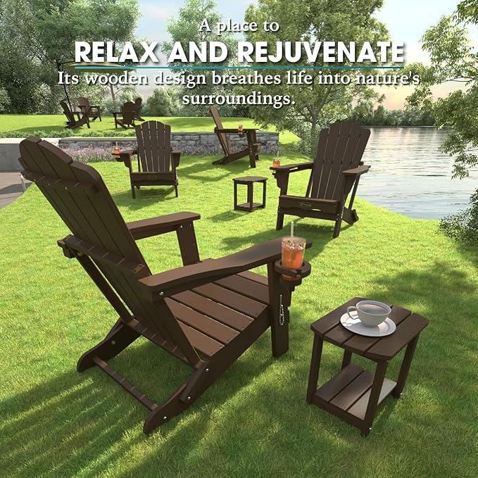 Folding Adirondack Chair Set of 8, HDPE All-Weather Outdoor Chair with Cup Holder, Wooden Textured, Fire Pit Chair - Photo 7
