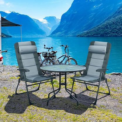 Giantex Set of 2 Patio Dining Chairs with Footstools, Folding Recliner Chairs with 7-Position Adjustable Backrest, Headrest, Mesh Bag, Outdoor Portable Lounge Chairs for Poolside Backyard, Grey