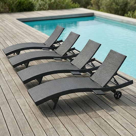 Set of 4 Outdoor Chaise Lounge Chairs with Wheels, Pull-Out Side Table, 5-Position Adjustable Backrest, All-Weather Wicker Patio Pool Lounge Chairs for Poolside, Backyard, Deck, Black