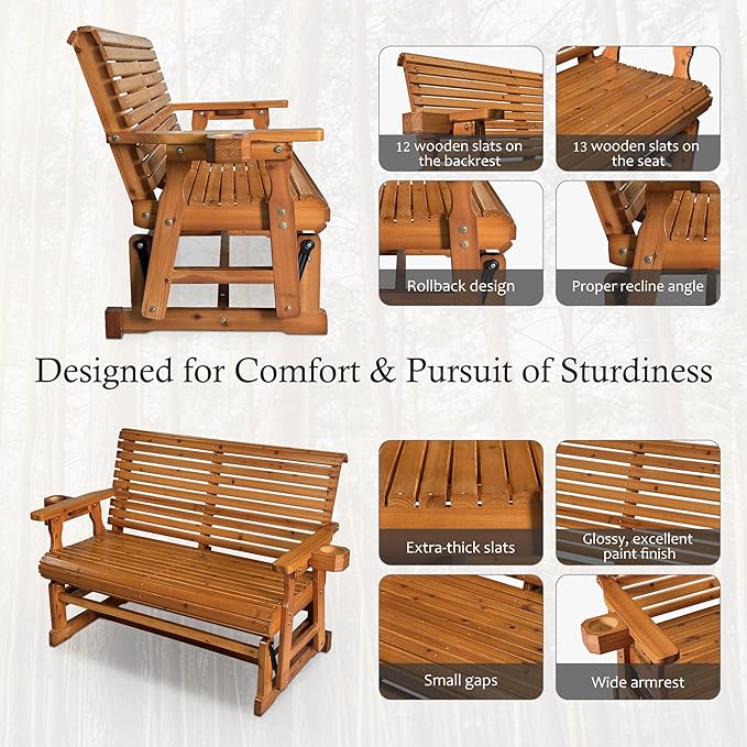 Fortune Candy Patio Glider with Cup Holders, High Roll Back and Deep Contoured Seat, Heavy Duty 800 Lb (Brown, 2-Seater) - Photo 6