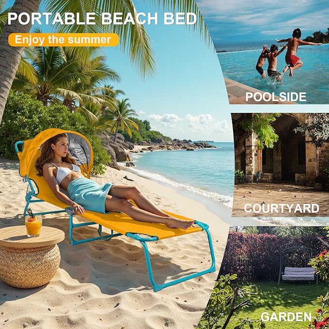 Colorsoul Tanning Chair with Sun Canopy,Adjustable 4-Position Beach Lounge Chair for Adults,Heavy Duty Folding Outdoor Lounge Chair,for Patio Poolside Sunbathing,UPF 50+,300 LBS,Yellow