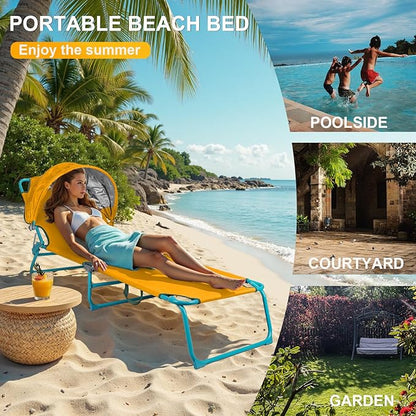 Colorsoul 2 Pack Tanning Chair with Sun Canopy,Adjustable 4-Position Beach Lounge Chair for Adults,Heavy Duty Folding Outdoor Lounge Chair,for Patio Poolside Sunbathing,UPF 50+,300 LBS,Yellow