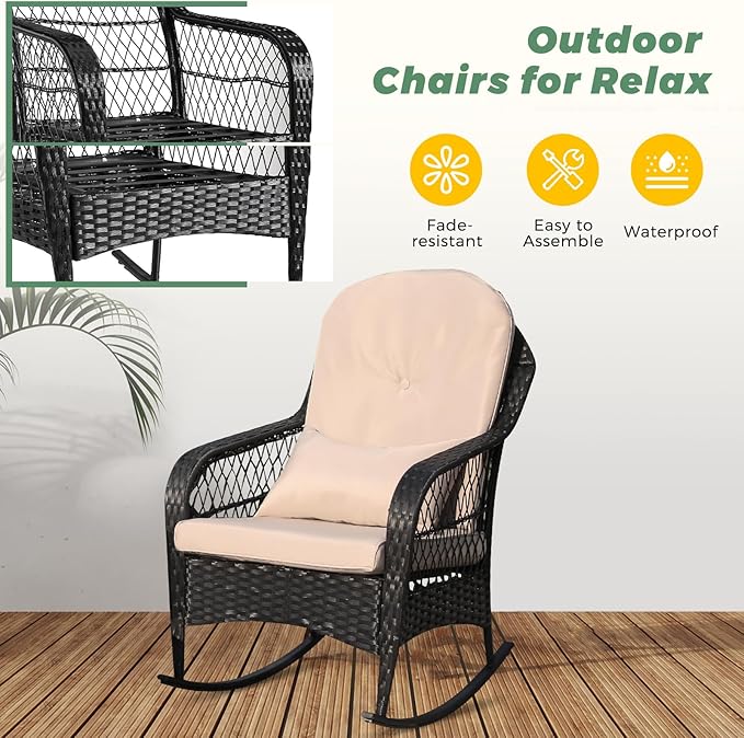 LVUYOYO Outdoor Rocking Chair, Patio Wicker Rattan Rocker Chair with Cushions, Rocking Wicker Furniture Set for Deck, Porch, Garden, Backyard (Khaki)