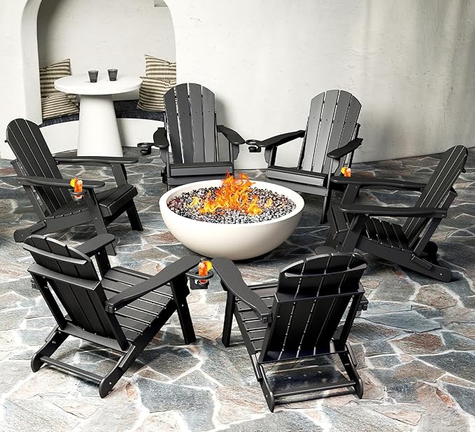 BRIOPAWS Folding-Adirondack-Chairs Set of 6 | HDPE | Fire Pit Chair | Cup Holder | Weather Resistance | Black | for Outdoor Backyard Deck Patio