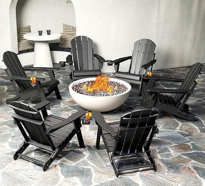 BRIOPAWS Folding-Adirondack-Chairs Set of 6 | HDPE | Fire Pit Chair | Cup Holder | Weather Resistance | Black | for Outdoor Backyard Deck Patio