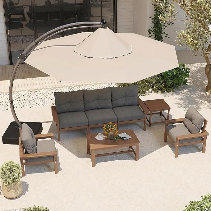 Teak HDPE Outdoor Patio Furniture Set, 10-Piece Patio Conversation Sets with Coffee Table & Washable Thick Cushions - Photo 8