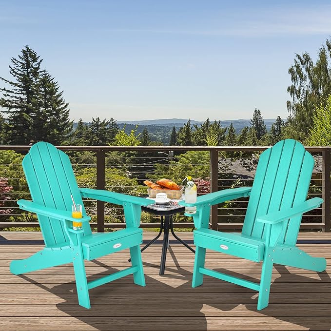 Tangkula Adirondack Chair Outdoor, Fade Resistant HDPE Armchairs with Cup Holder, Weather Resistant Lounger Chairs for Patio Garden Backyard Deck, Lawn Porch Seating, Adirondack Lounger (2, Turquoise)