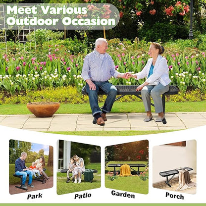 Thermoplastic Coated Iron Park Bench for Outside, Heavy Duty Metal Garden Bench, Expanded Commercial Grade Seating for Shopping Malls, Lawn Yard Porch Entryway (Black without Backrest, 48IN)
