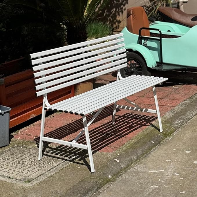 Weather-Resistant 3-Seater Metal Garden Bench | 120cm Outdoor Patio Furniture with Slatted Seat & Backrest | Ideal for Parks & Patios - Elegant White Design