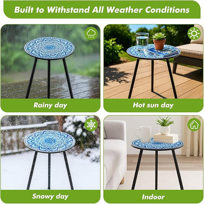 2 Packs Metal Mosaic Round Side Tables 13.4" Small Outdoor Patio Round Accent Coffee Tables Indoor Corner Stand for Small Spaces Weather-Resistant for Balcony, Porch Plant Stands Indoor, Blue Mosaic