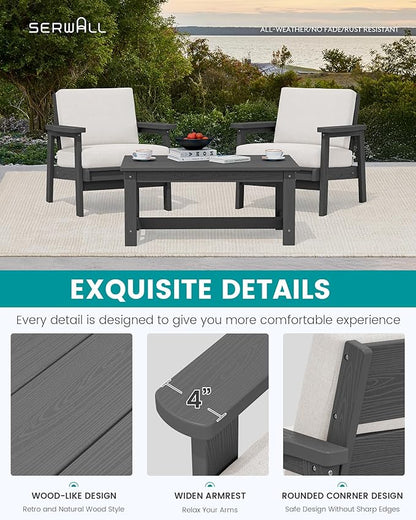 SERWALL HDPE Outdoor Couch Set of 2, All-Weather Wood-Like Patio Furniture Set, Outdoor Sofa Chairs with Khaki Cushions