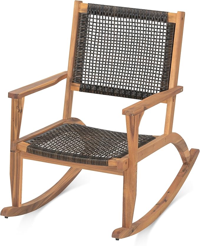 2 Piece Patio Rocking Chair Set, Acacia Wood Outdoor Rockers with PE Rattan Seat and Backrest, Comfortable Garden Porch Chairs for Backyard, Balcony and Poolside, Dark Brown