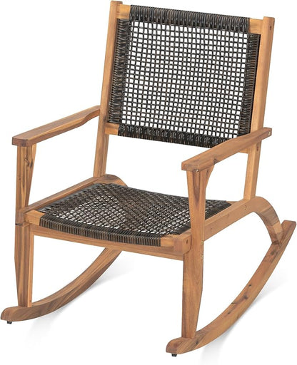 Merax 2-Piece Patio Rocking Chair Set, Acacia Wood Outdoor Rockers with PE Wicker Rattan Seat & Backrest, Comfortable Garden Porch Chairs for Backyard, Balcony, Poolside