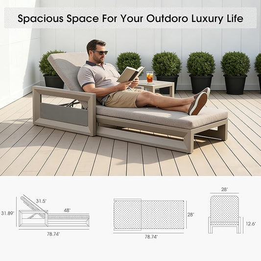 PURPLE LEAF Outdoor Chaise Lounge Set of 4 Reclining 2 in 1 Design Lounger Chair with Cushion Deluxe Aluminum Oversize Pool Lounge Chairs with Armrests & Backrest for Patio Poolside Backyard, Khaki