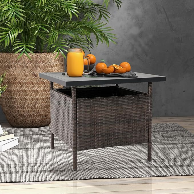 Tangkula Outdoor Wicker Table, Rattan Coffee Table with Umbrella Insert Hole, HDPE Tabletop & Sturdy Metal Frame, Patio Umbrella Side Table Stand for Backyard, Garden, Poolside (Mix Brown)