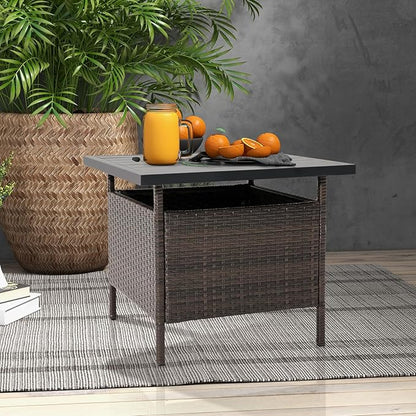 Tangkula Outdoor Wicker Table, Rattan Coffee Table with Umbrella Insert Hole, HDPE Tabletop & Sturdy Metal Frame, Patio Umbrella Side Table Stand for Backyard, Garden, Poolside (Mix Brown)