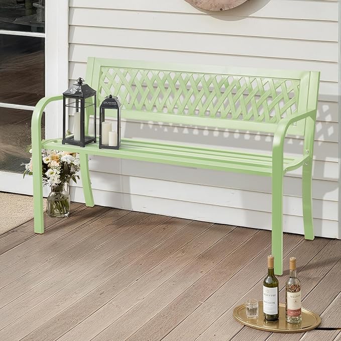 Outvita Outdoor Bench, 47" Iron Steel Frame Garden Bench with Mesh Pattern and Plastic Backrest Armrests, Patio Bench for Garden Park Yard Front Porch Patio, Green