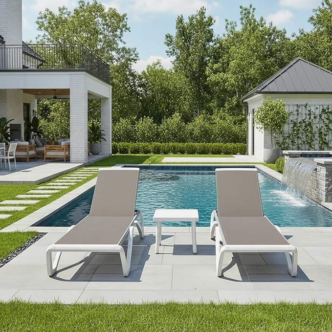 PURPLE LEAF Patio Chaise Lounge Chair Set of 3 Outside Aluminum Plastic Stackable Tanning Chairs for Pool Sunbathing Beach Deck Outdoor Lounger, Taupe
