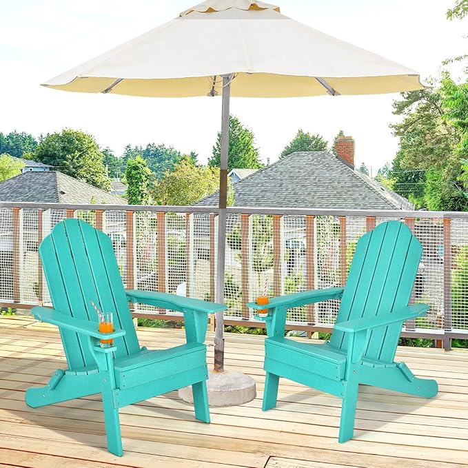 Giantex Adirondack Chair Outdoor Folding Chairs, HDPE Weather Resistant Patio Chair with Built-in Cup Holder Lawn Chair for Patio, Backyard, Balcony, Deck Outside Plastic Fire Pit Chair(1, Turquoise)