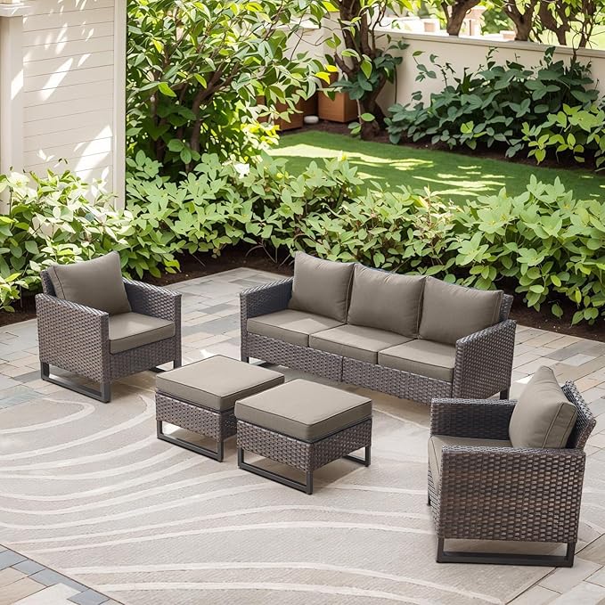 Rilyson Wicker Outdoor Patio Furniture Set - 5 Piece Patio Conversation Set with 2 Wicker Armrest Chairs,2 Rattan Ottoman and 1 Couch for Outside Porch Deck Backyard Garden(Brown/Grey)