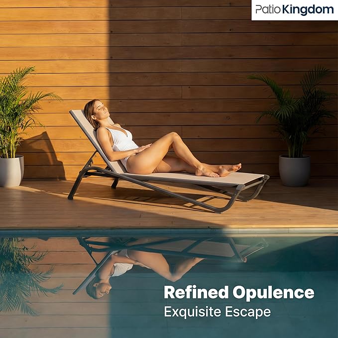 Lounge Chair Set of 2, Aluminum Chaise Lounge Outdoor, Lightweight Lounge Chairs for Outside with 5 Adjustable Backrest, Pool Lounger for Poolside, Beach, Balcony, Deck (Khaki)