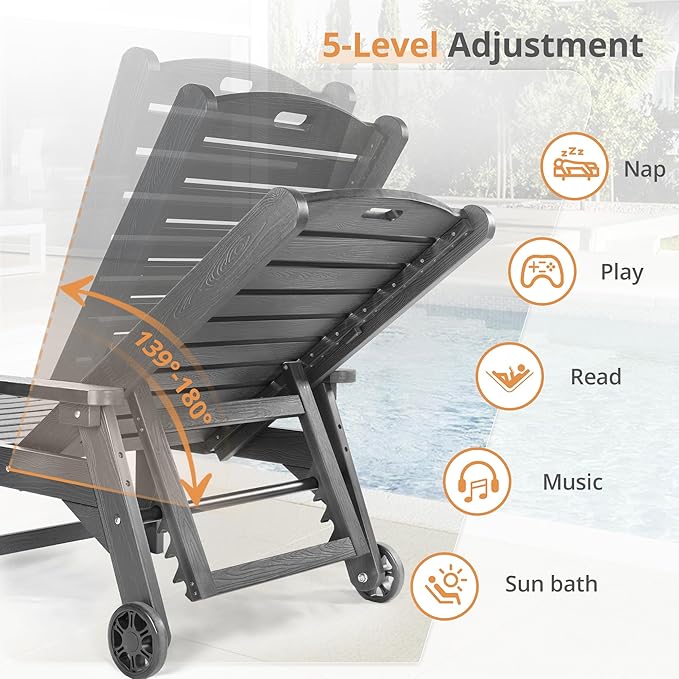 LUE BONA HDPS Chaise Lounge Chairs Set with Table, 3-Piece, Outdoor Pool Lounge Chair with Adjustable Backrest, Resin Patio Lounge Chairs with Wheels for Outside, Dark Gray
