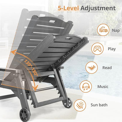 LUE BONA HDPS Chaise Lounge Chairs Set with Table, 3-Piece, Outdoor Pool Lounge Chair with Adjustable Backrest, Resin Patio Lounge Chairs with Wheels for Outside, Dark Gray