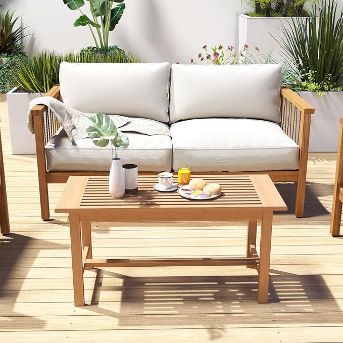 Giantex Teak Wood Patio Coffee Table - 36” Rectangular Outside Side Table with Slatted Tabletop, Solid Center Table, Outdoor Cocktail Table for Deck, Backyard, Garden, Poolside, Balcony, Natural
