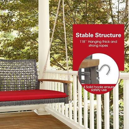 Tangkula 2-Person Outdoor Porch Swing with 118" Hanging Ropes, Patiojoy PE Wicker Patio Hanging Swing Bench with Soft Seat Cushion & 800 Lbs Weight Capacity, Suitable for Patio, Garden (Red)