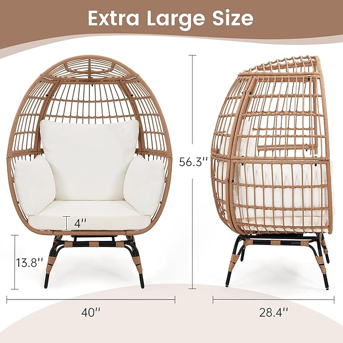 Oversized 360° Swivel Rattan Egg Chair for Adult, Indoor Outdoor Patio Large Wicker Egg Chair with Overstuffed Cushions, 440lb Weight Capacity, Natural Rattan with Beige Cushion