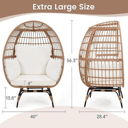 Oversized 360° Swivel Rattan Egg Chair for Adult, Indoor Outdoor Patio Large Wicker Egg Chair with Overstuffed Cushions, 440lb Weight Capacity, Natural Rattan with Beige Cushion