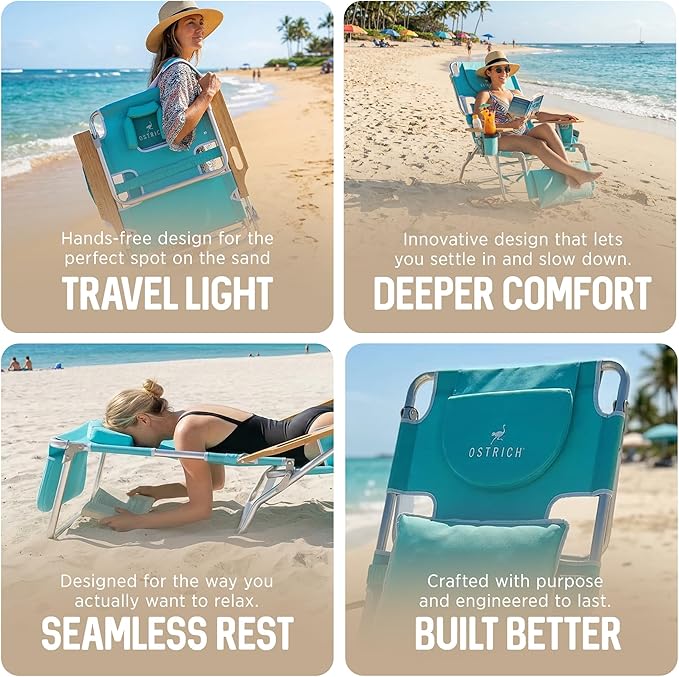 Ostrich the Deluxe 3N1 Lightweight Lawn Beach Reclining Lounge Chair with Footrest, Outdoor Furniture for Patio, Balcony, Backyard, or Porch, Aqua