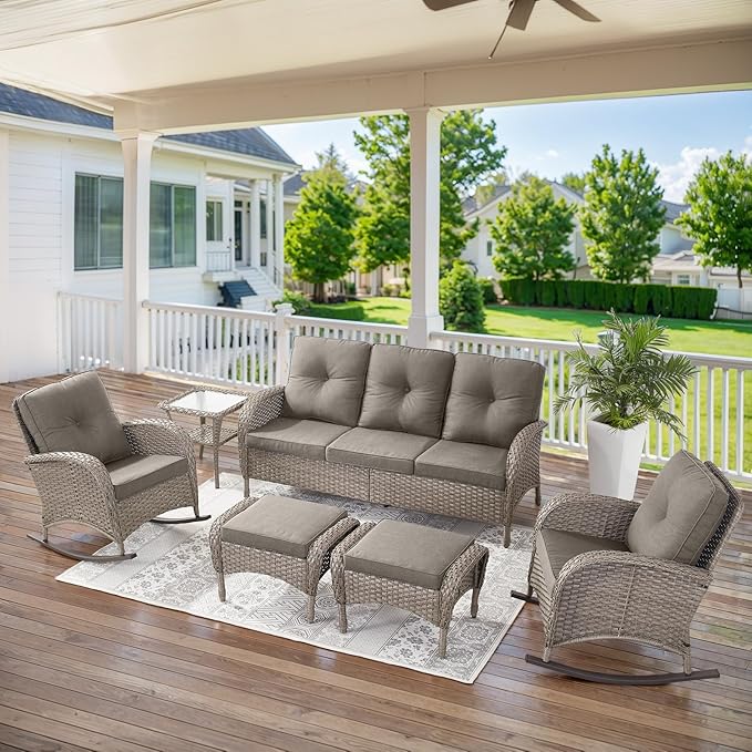 Belord 5 Piece Patio Rocking Chairs Furniture Set - Outdoor Wicker Furniture with Ottomans and Side Table - Photo 9