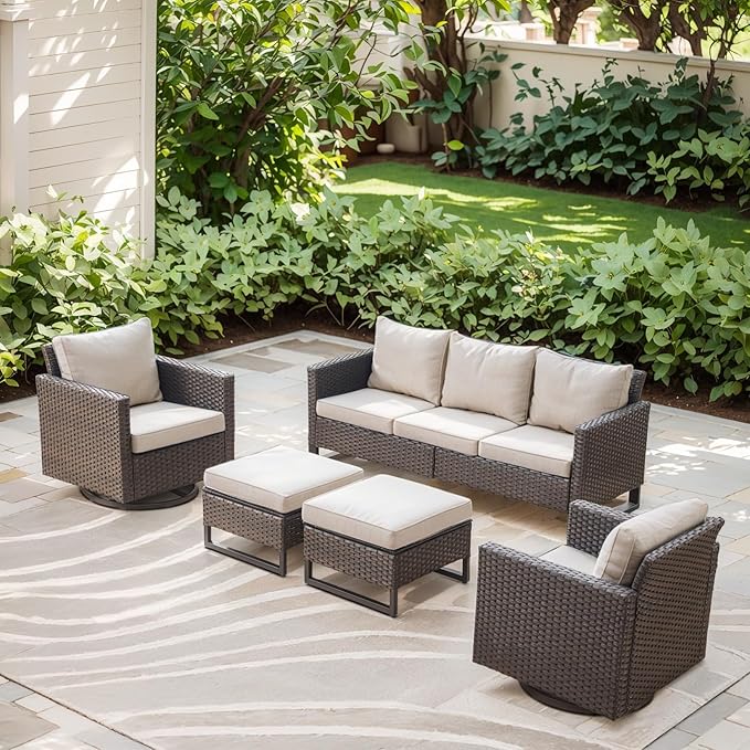 Rilyson Wicker Outdoor Patio Furniture Set - 5 Piece Patio Conversation Set with 2 Swivel Rocker Chairs - Photo 1