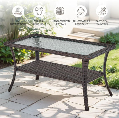 Patio Loveseat Glider Set, Resin Wicker Loveseat Glider with 2 Swivel Patio Chiars Coffee Table and Side Table, 5 Piece Patio Furniture Set Loveseat Set, Brown Wicker|Grey Cushions