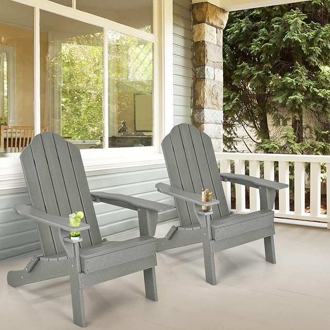 Tangkula Outdoor Folding Adirondack Chair, HDPE Armchairs with Cup Holder, Weather Resistant Lounger Chair for Patio Garden Fire Pit Backyard, Lawn Porch Seating, Adirondack Lounger (4, Grey)