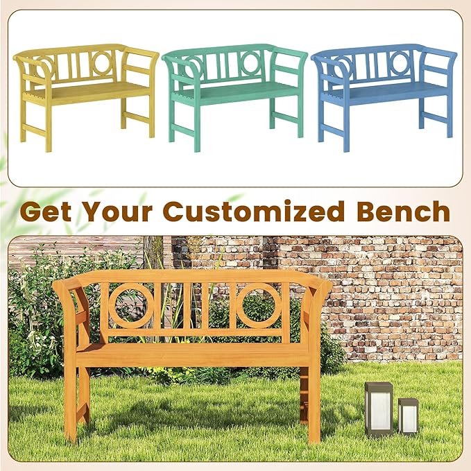 Tangkula Acacia Wood Outdoor Bench with Backrest, 2-Person Patio Wood Bench with Curved Armrests, Slatted Seat, Garden Bench Loveseat for Park, Yard, Lawn, Patio, 800 LBS Max Load