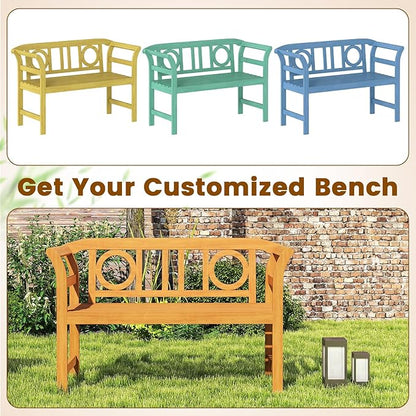Tangkula Acacia Wood Outdoor Bench with Backrest, 2-Person Patio Wood Bench with Curved Armrests, Slatted Seat, Garden Bench Loveseat for Park, Yard, Lawn, Patio, 800 LBS Max Load