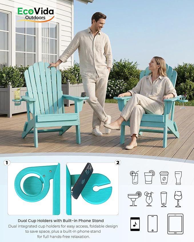 Oversized Adirondack Chair with Dual Cup Holders, Ergonomic High Back HDPE Fire Pit Chair, 380lbs Capacity All-Weather Outdoor Patio Lounge Chair for Garden, Deck, Yard - Aruba Blue