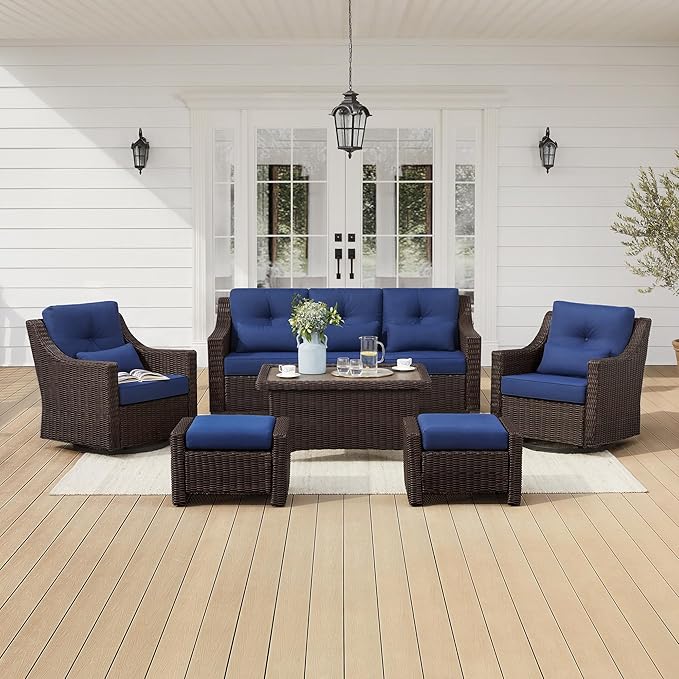 CHITA 6 Pieces Wicker Patio Furniture Set, Outdoor Conversation Set with 2 Pieces Rattan Rocking Swivel Chairs - Photo 1
