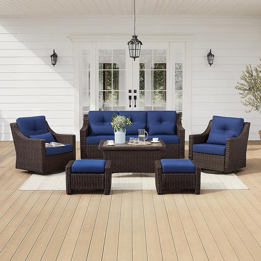 CHITA 6 Pieces Wicker Patio Furniture Set, Outdoor Conversation Set with 2 Pieces Rattan Rocking Swivel Chairs, 2 Pieces Ottomans and 3-Seater Sofa