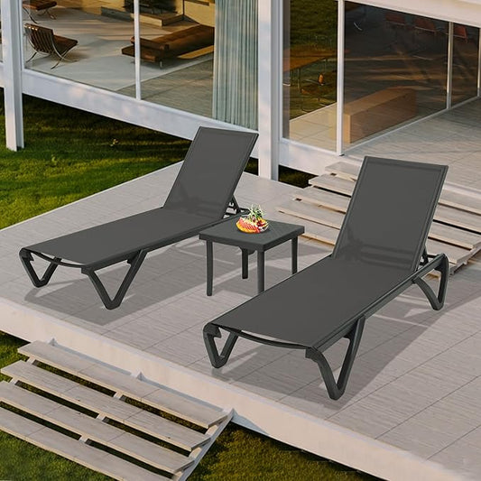 Domi Pool Lounge Chairs, Aluminum Patio Chaise Lounge with Side Table, 5 Position Adjustable Backrest and Wheels, All Weather Outdoor Lounge Chairs for Beach, Yard, Balcony, Poolside, Dark Grey