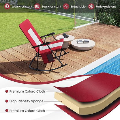 Goplus Oversized Folding Rocking Chair, Padded Patio Lounge Rocker w/Metal Frame, Armrests, Side Pocket, Lightweight Portable Rocking Chair for Backyard Camping Travel, Supports up to 500 lbs(2,Red)